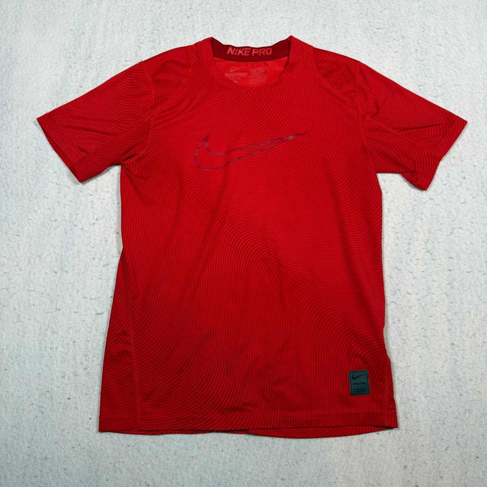 Nike Pro Dri-FIT Mens Large Red Wave Pattern Fitted Training T-Shirt Swoosh